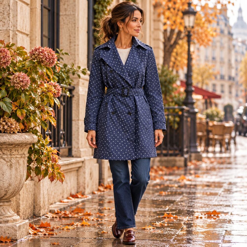 Banana Republic Trench Coat Womens Navy White Polka Dot Belted Raincoat
